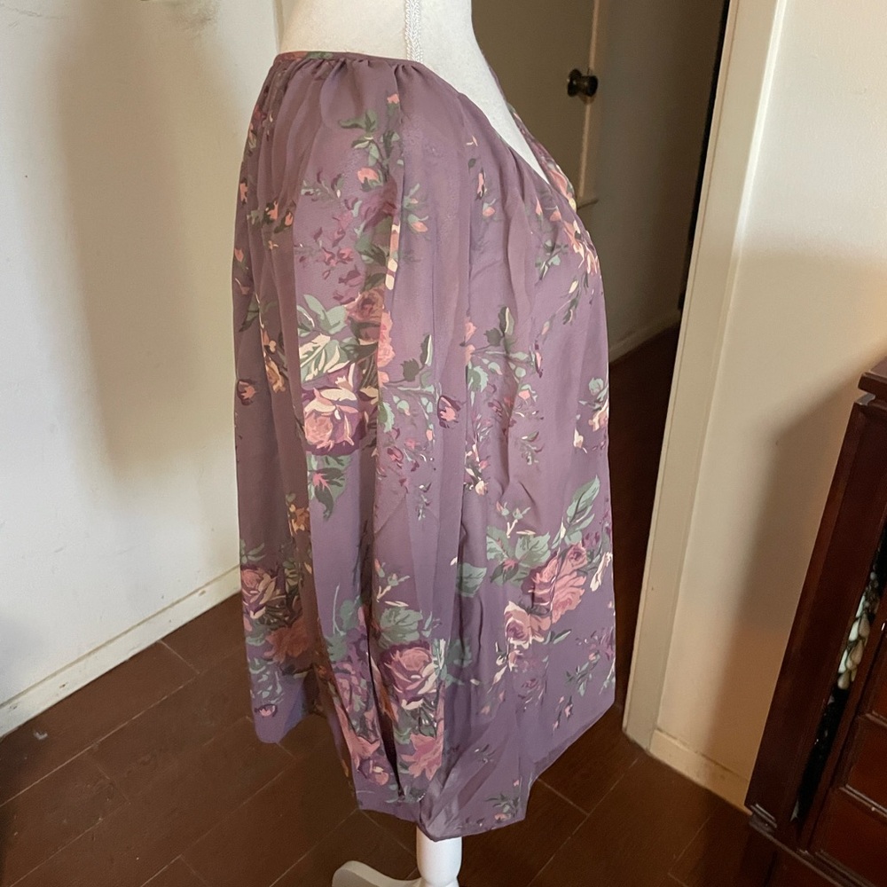 Chaps Ralph Lauren floral Blouse purple green cream sz 1X V Neck quarter sleeve - Picture 12 of 16